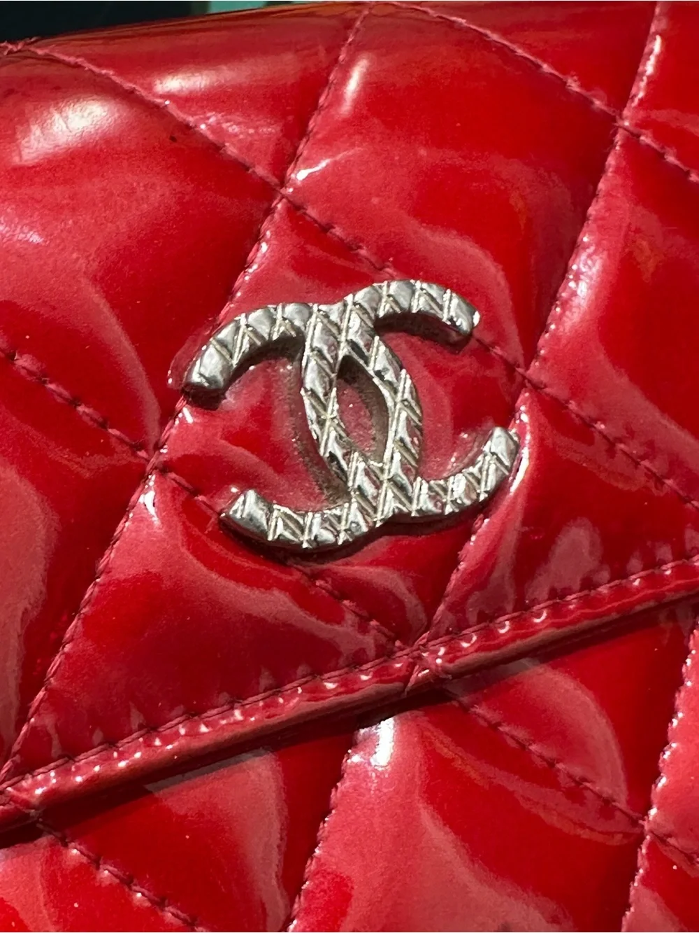 Chanel Classic Red Patent Quilted Long Flap Wallet Silver CC 13 Series